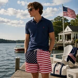 BearBottom American Flag Mens Swim Trunks XL Patriotic Preppy Nautical July 4th